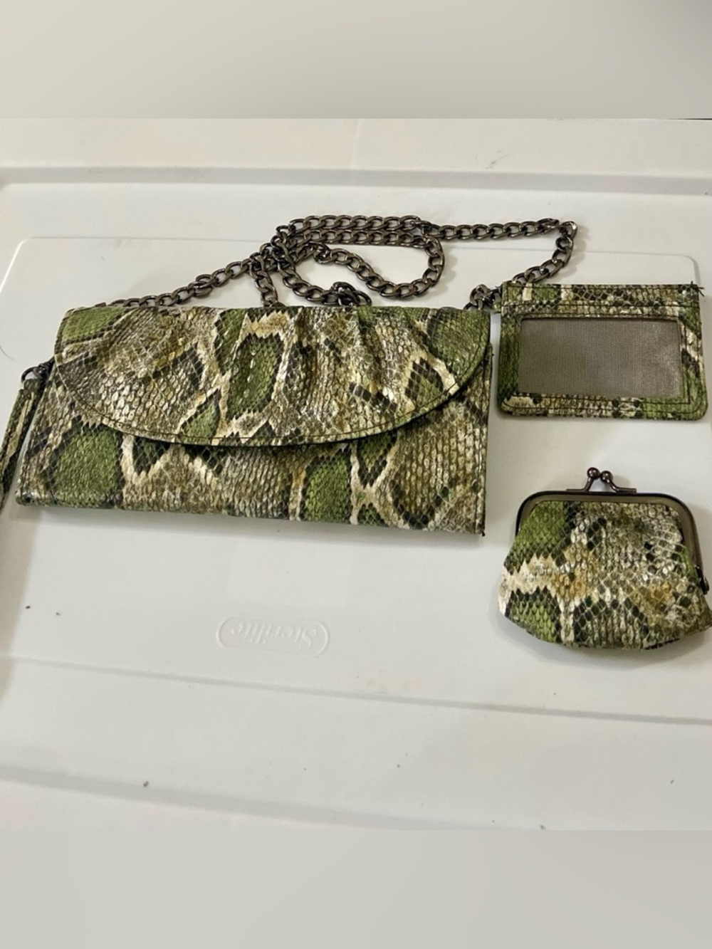 3-pc Set Faux Snakeskin Clutch Crossbody with Coin Purse and ID Card Wallet
